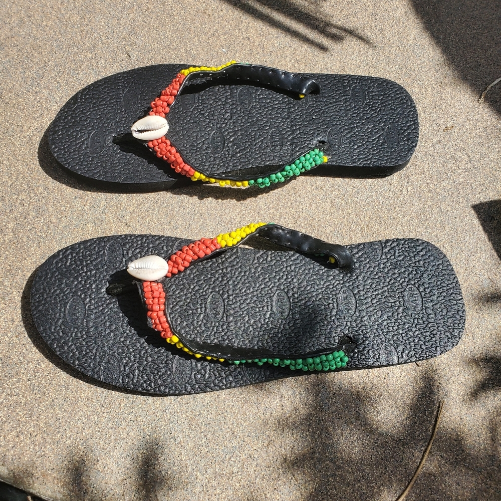 Beaded "Rasta" Cowrie Shell Flip Flops